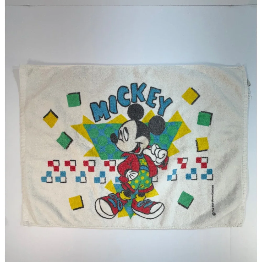 Vintage Mickey Mouse Disney Hand Towel 90s Geometric Retro White Cotton Blend
